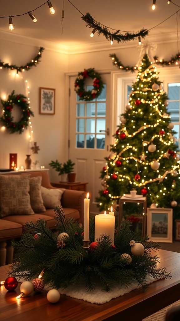 Quick Christmas Decor Ideas A decorated Christmas living room with a tree, wreath, and festive table centerpiece.